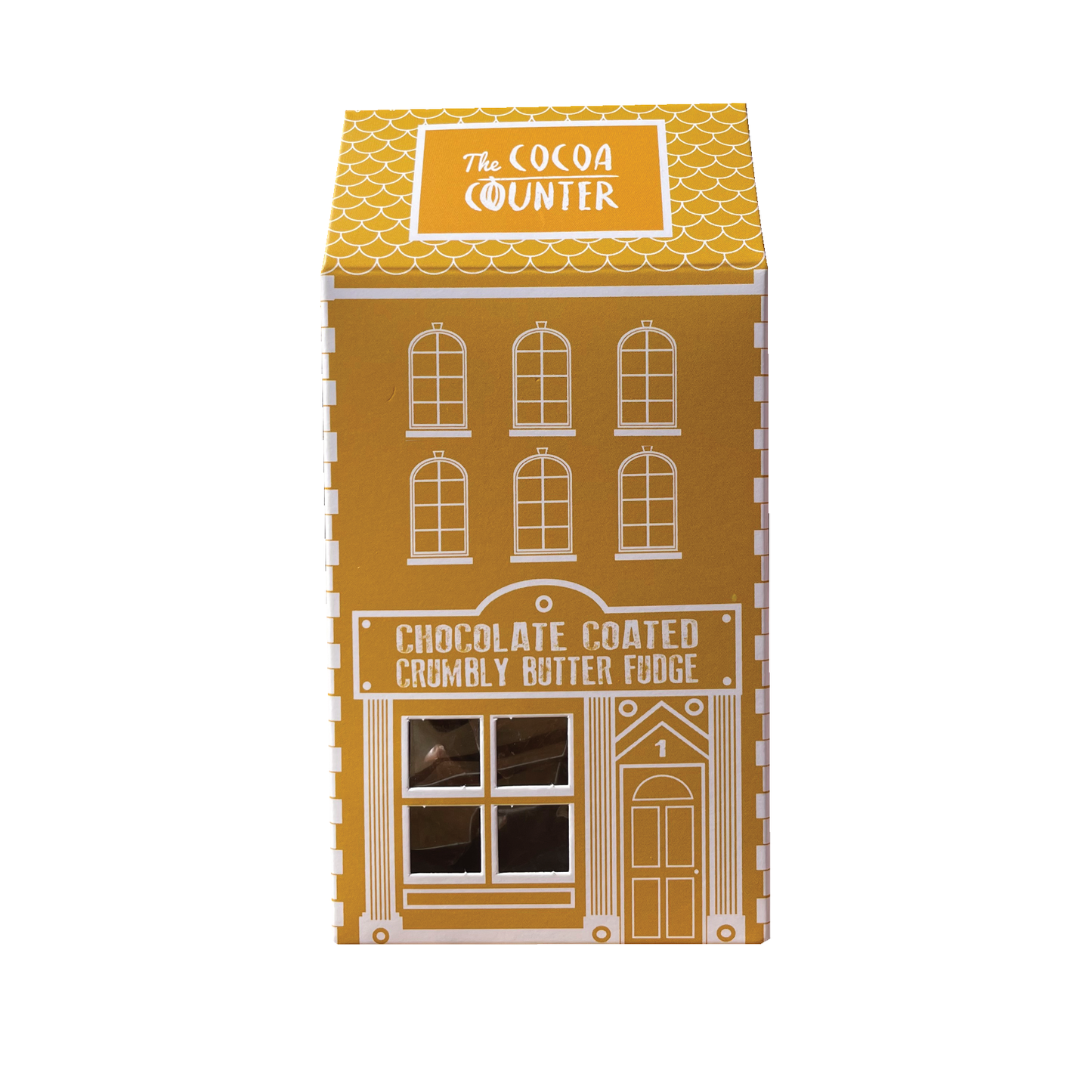 Chocolate Coated Crumbly Butter Fudge in a yellow box.