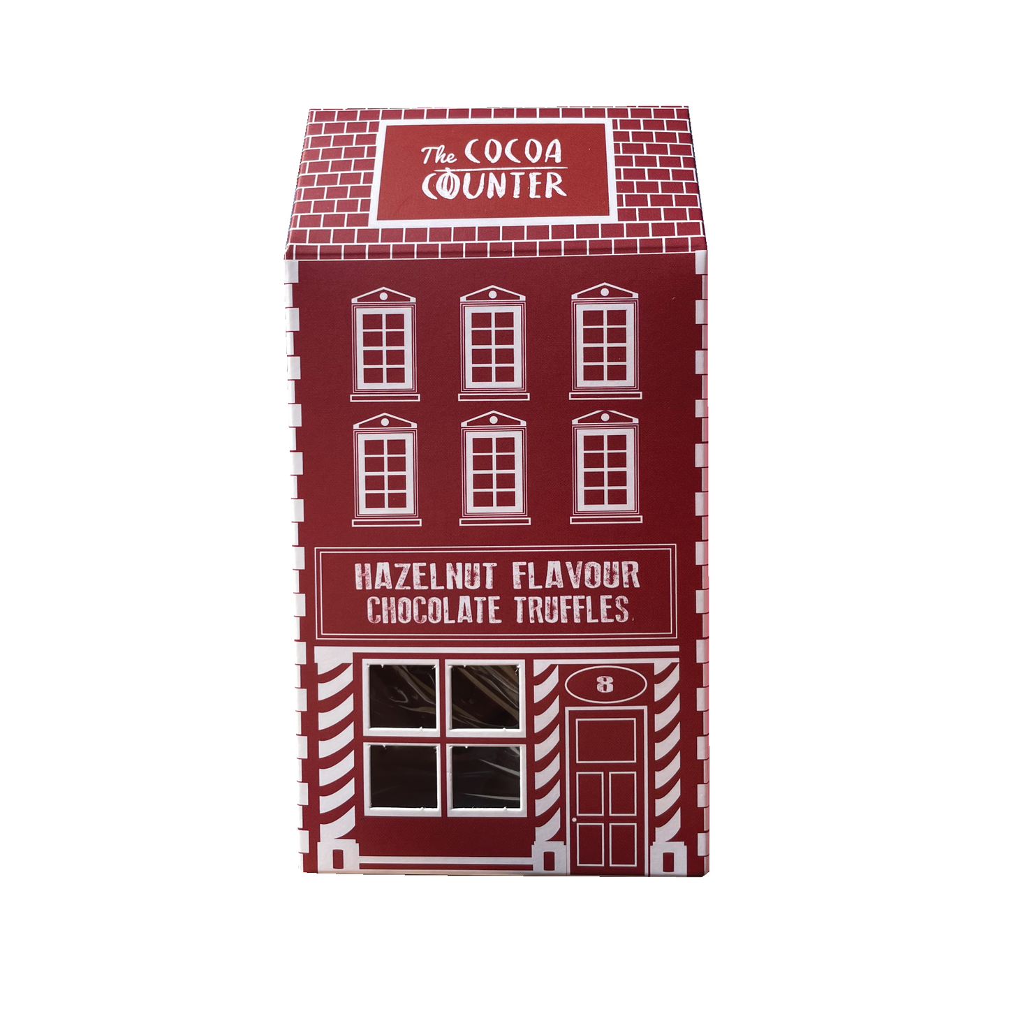 Hazelnut Flavour Truffles in a red house box.