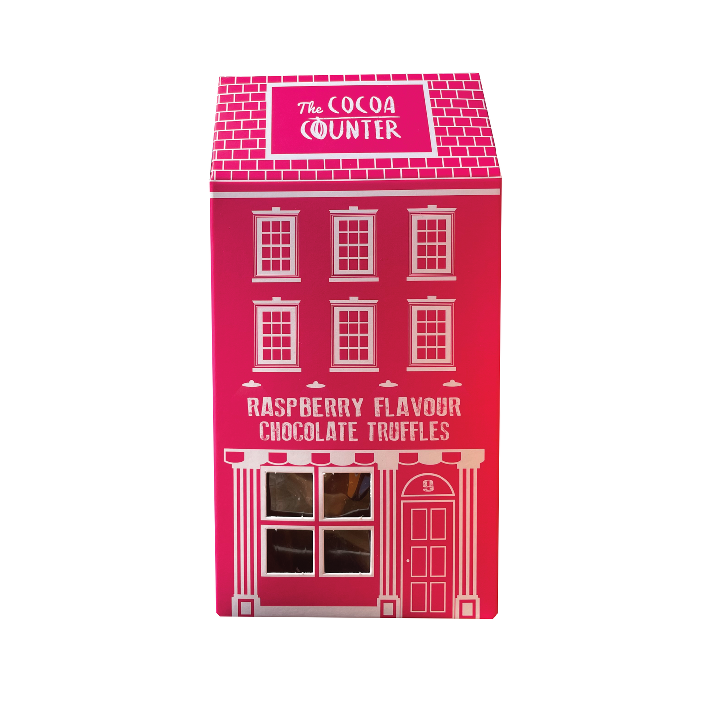 RaspberryvFlavour Chocolate Truffles placed in a pink box shaped like a house.